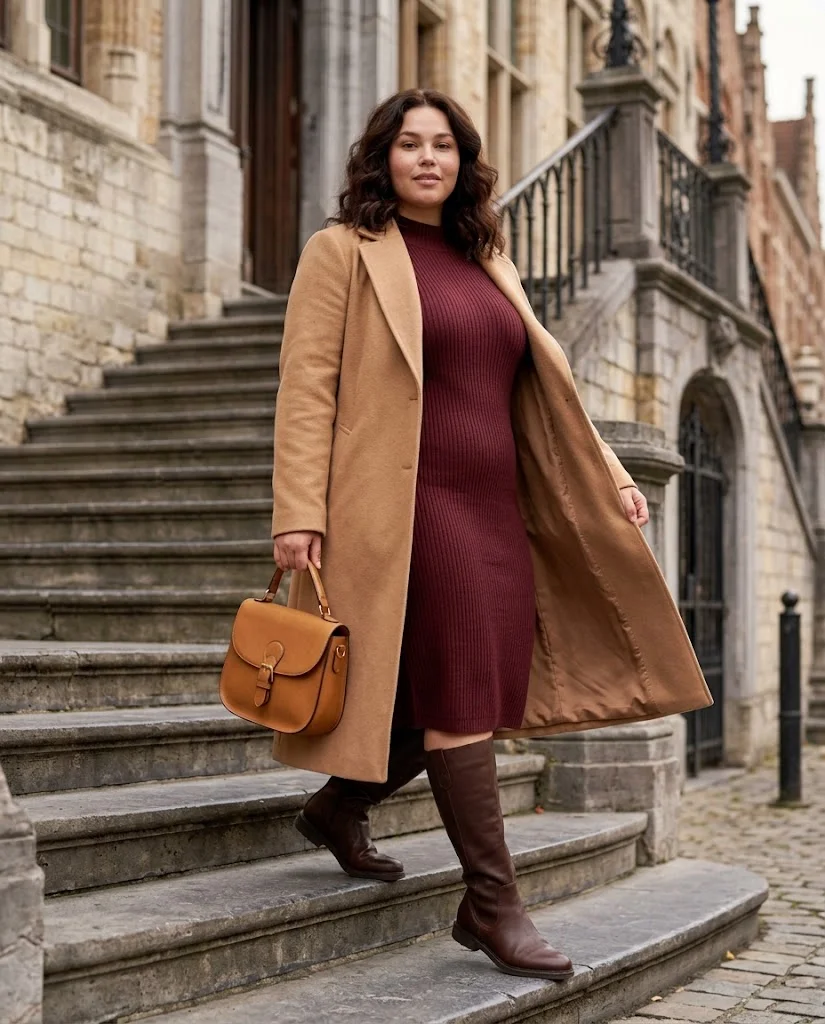 Sweater Dress and Knee-High Boots with Long Coat Plus Size Late Fall Outfit