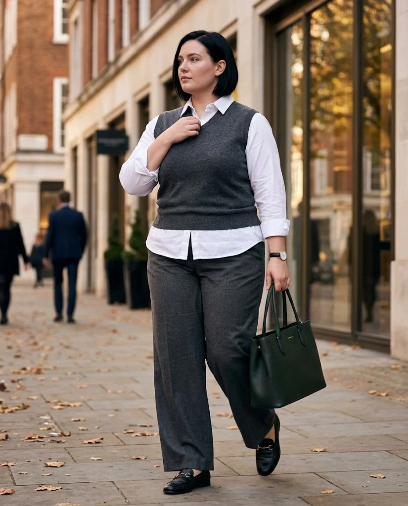 Plus Size Cold Fall Outfits: Cozy Looks for Chilly Autumn Days 17 Sweater Vest + Button-Down Shirt + Wide-Leg Pants Plus Size Cold Fall Outfit