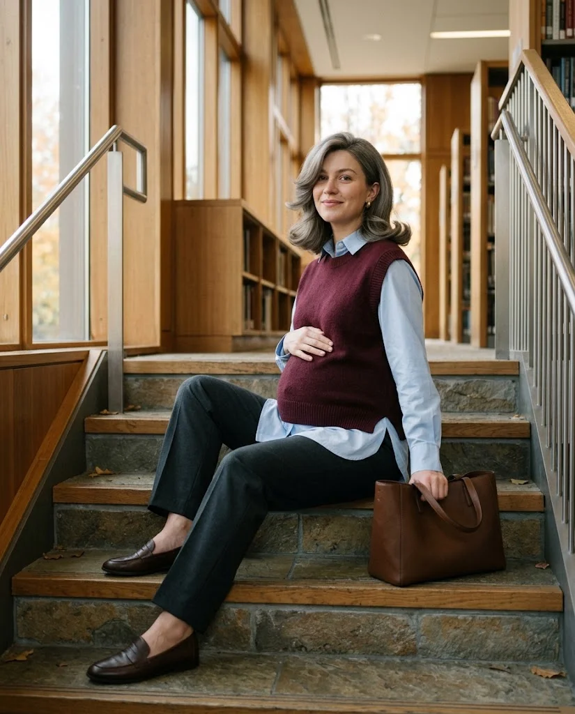 Sweater Vest Layered over a Maternity Shirt Fall Pregnancy Outfit