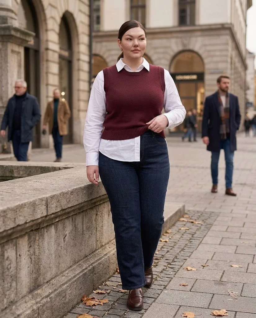 Sweater Vest and Wide-Leg Jeans with Loafers Plus Size Late Fall Outfit