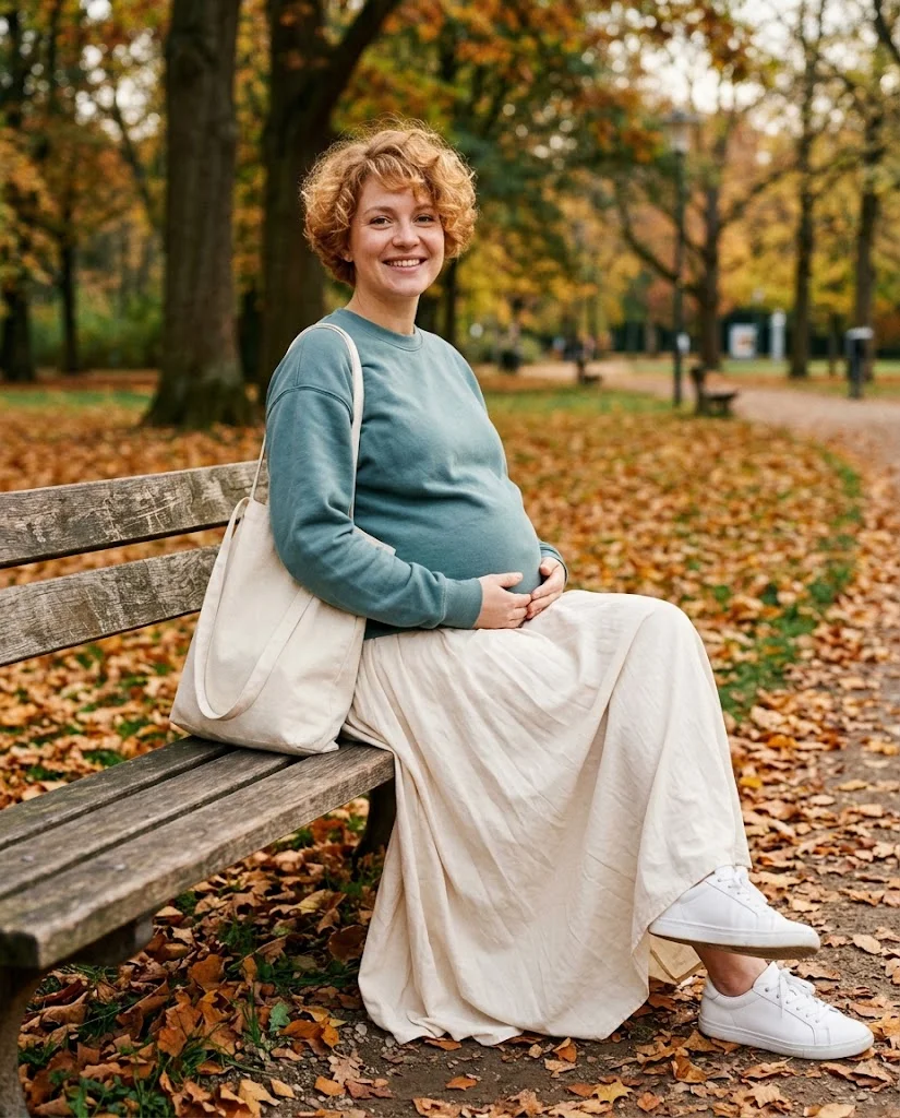 Sweatshirt with a Flowing Maxi Skirt Fall Pregnancy Outfit