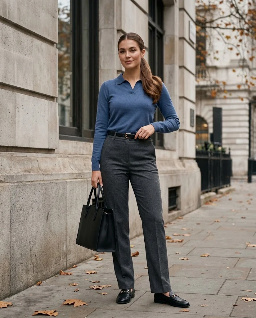 22 Fall Professional Outfits for Women: Chic Office Looks for Every Workday 2 Tailored Trousers with a Knit Polo Fall Professional Outfit
