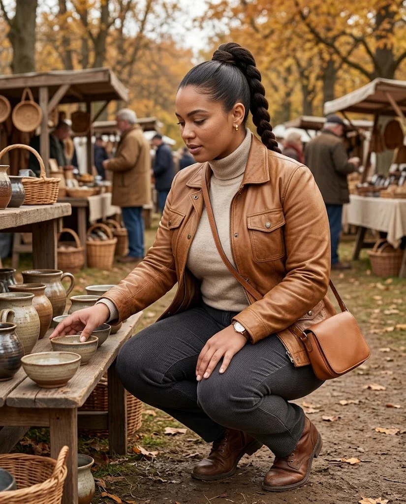 Tan Leather Field Jacket With Oatmeal Turtleneck and Charcoal Cords Old Money Fall Fair Outfit