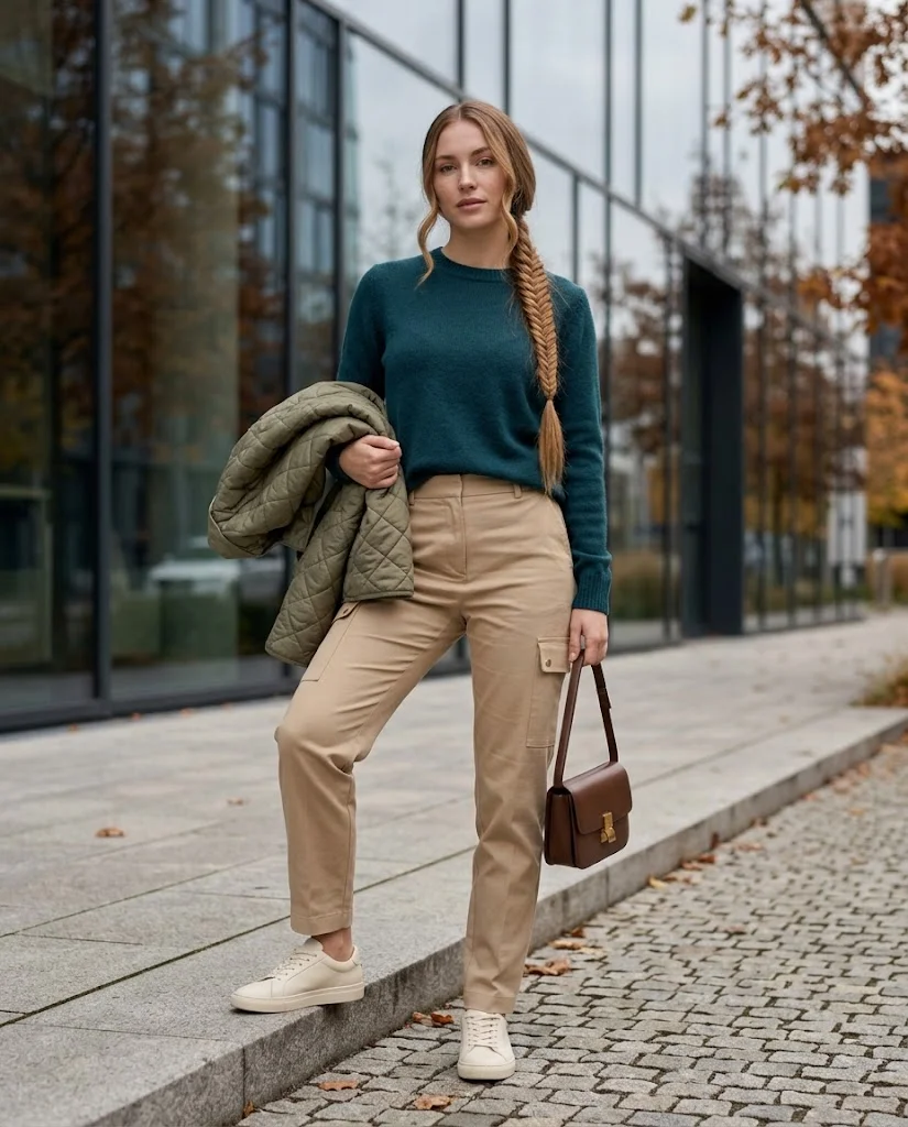 20 Late Fall Outfit Ideas for Women 9 Teal Sweater with Sand-Colored Cargo Trousers Late Fall Outfit