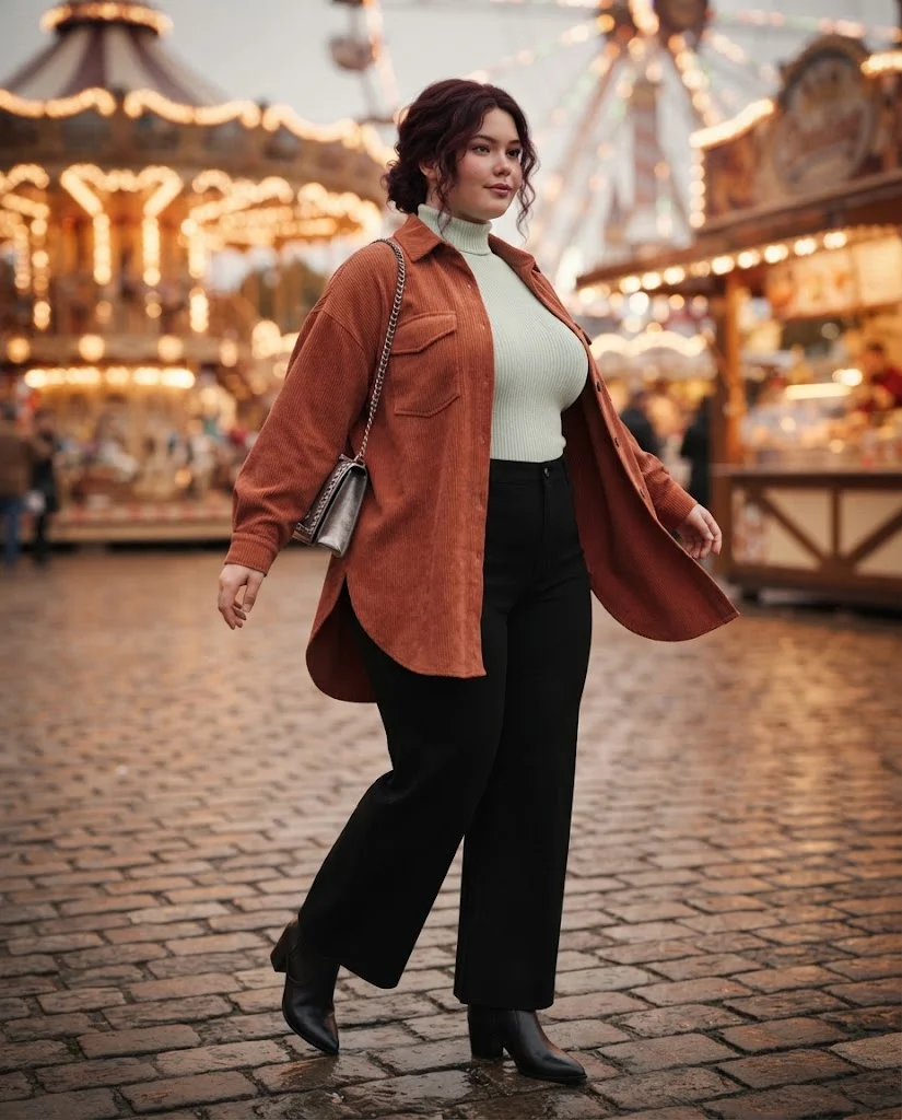 Plus Size Fall Fair Outfits: 20 Flattering and Comfortable Looks 11 Terracotta Corduroy Overshirt With Pale-Mint Turtleneck and Black Wide-Leg Pants Plus Size Fall Fair Outfit
