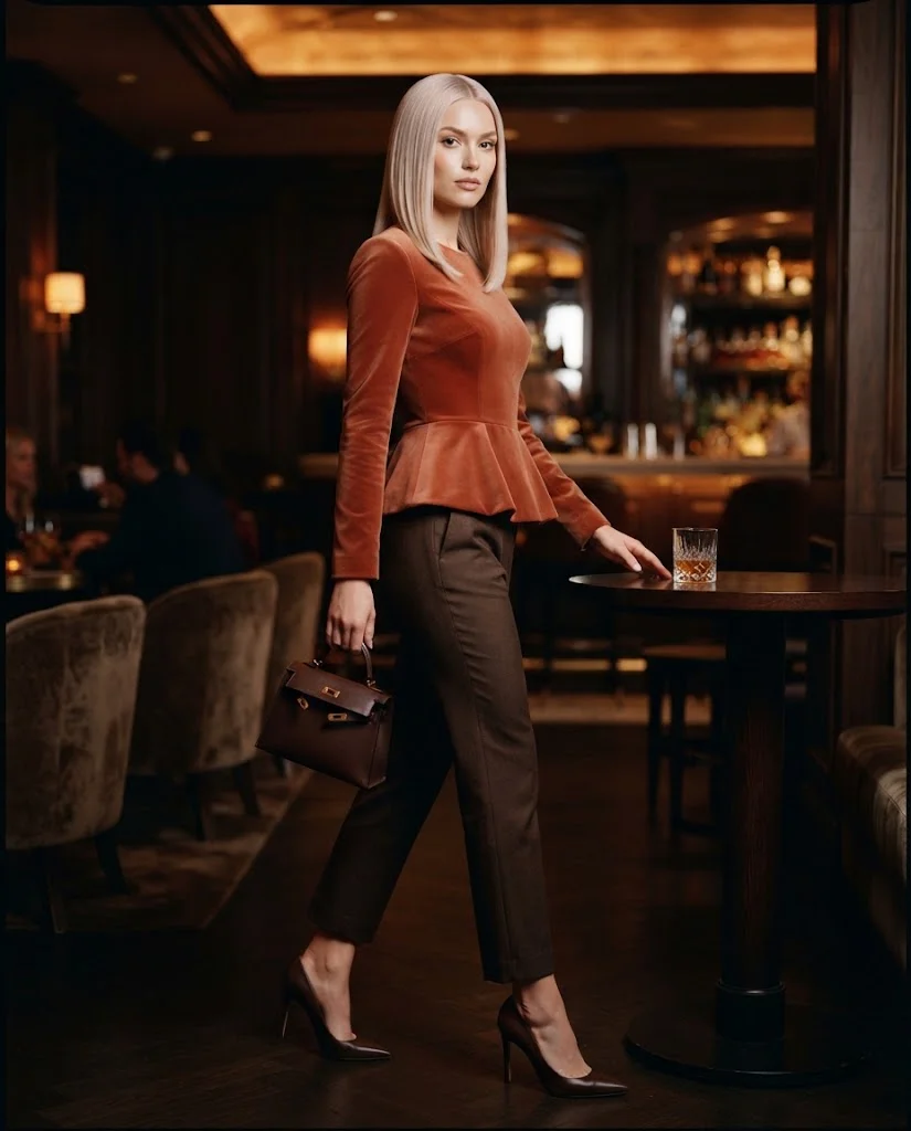 Terracotta Velvet Peplum Top With Espresso Cigarette Pants Old Money Fall Bar Outfit
