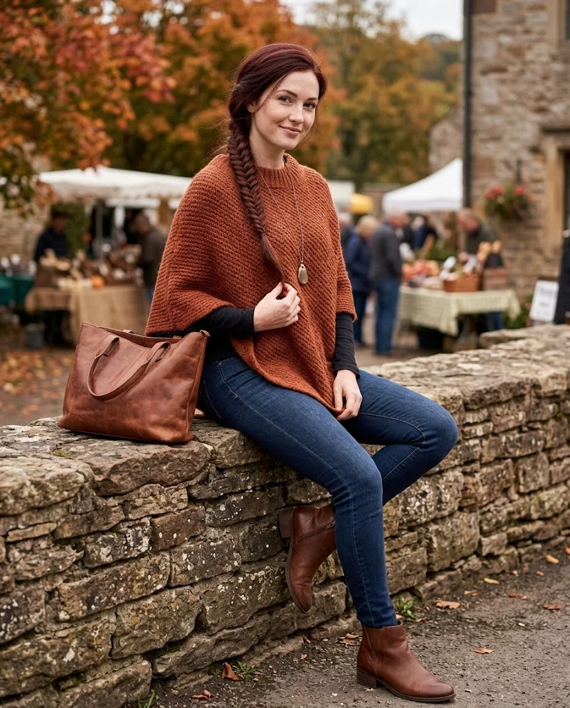 21 Boho Chic Fall Outfits: Effortless Bohemian Style Ideas 19 Textured Knit Poncho with Slim Jeans Boho Chic Fall Outfit