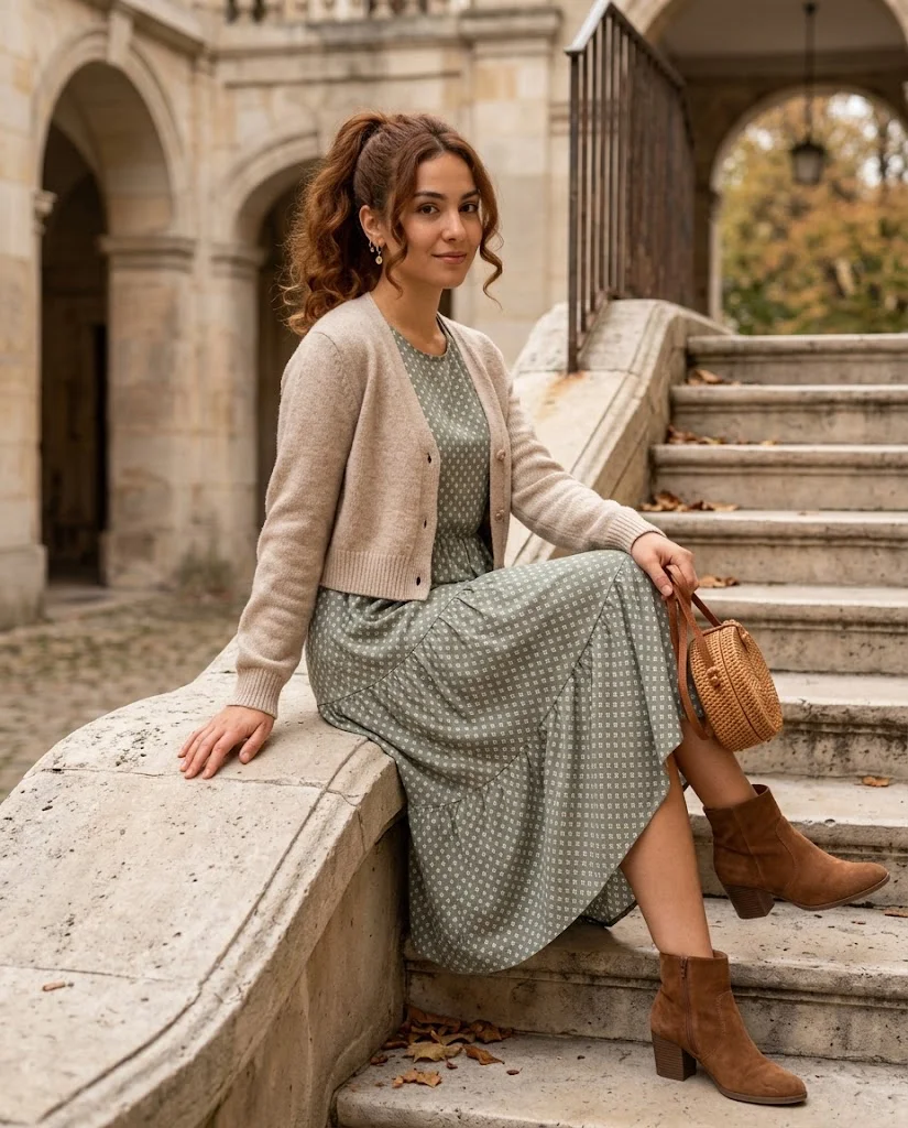 21 Boho Chic Fall Outfits: Effortless Bohemian Style Ideas 20 Tiered Midi Dress with a Cropped Knit Cardigan Boho Chic Fall Outfit