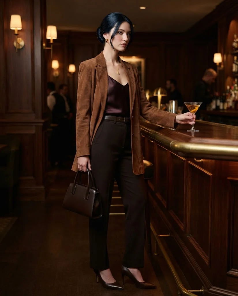 Tobacco Suede Blazer With a Blackened Plum Satin Camisole and Trousers Old Money Fall Bar Outfit