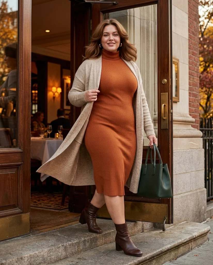 Plus Size Cold Fall Outfits: Cozy Looks for Chilly Autumn Days 16 Turtleneck Dress + Long Cardigan + Ankle Boots Plus Size Cold Fall Outfit