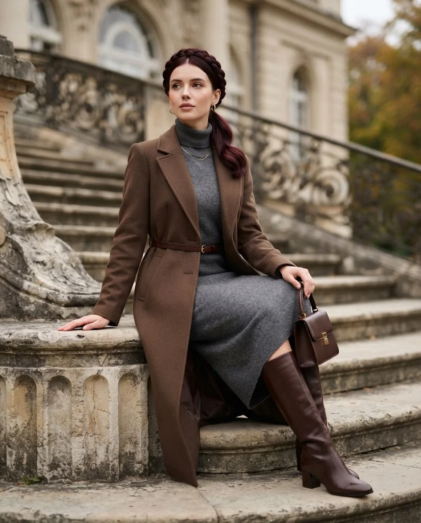 Turtleneck Midi Dress with Knee-High Boots Old Money Cold Fall Outfit
