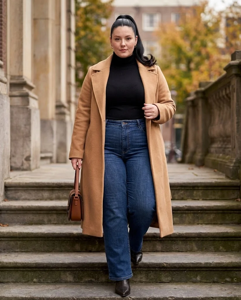 Plus Size Cold Fall Outfits: Cozy Looks for Chilly Autumn Days 3 Turtleneck + Wide-Leg Jeans + Long Coat Plus Size Cold Fall Outfit
