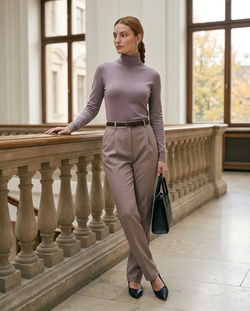 22 Fall Professional Outfits for Women: Chic Office Looks for Every Workday 16 Turtleneck with a Pleated Trouser Fall Professional Outfit