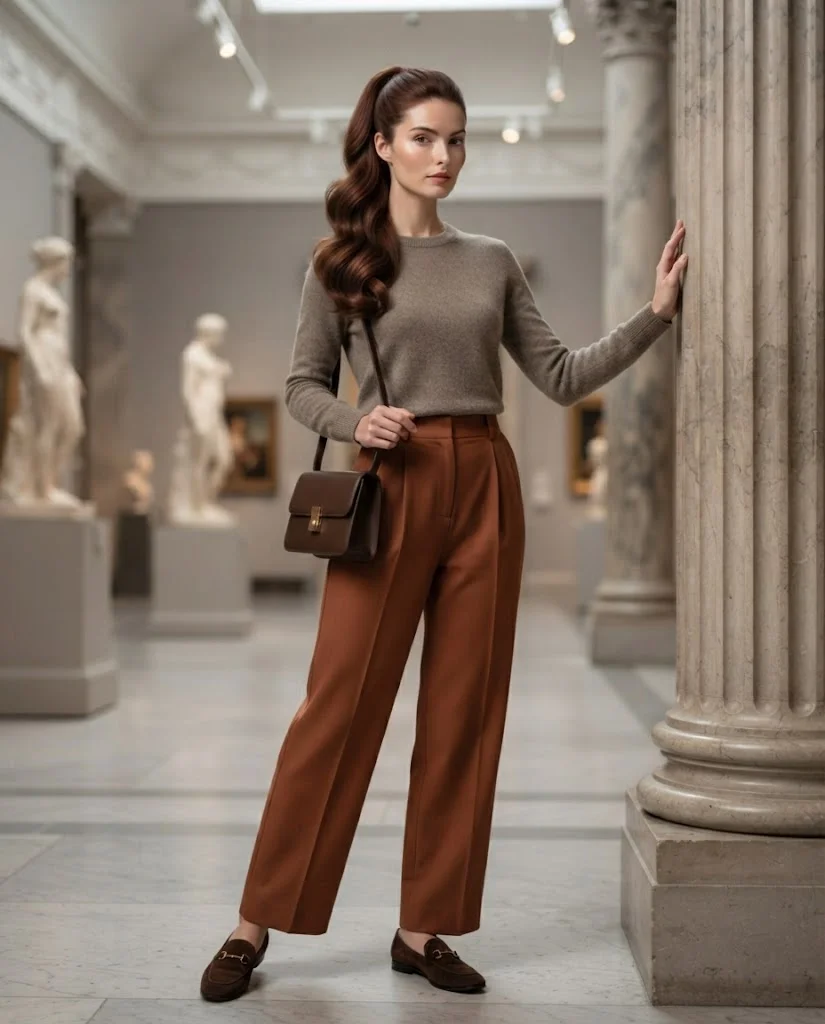 Warm Gray Sweater with Rust Pleated Pants Old Money Comfy Fall Outfit