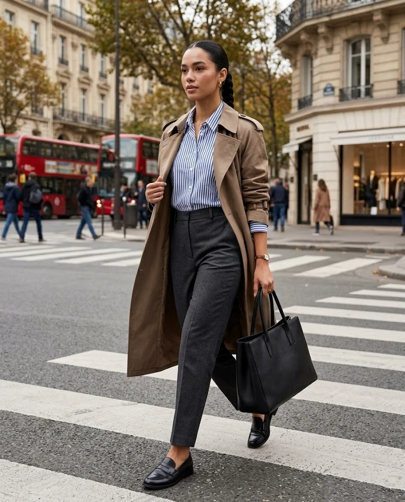 Trench Coat Fall Outfits: 22 Chic Outfit Ideas to Elevate Your Autumn Wardrobe 15 Warm Taupe Trench with a Striped Button-Up Trench Coat Fall Outfit