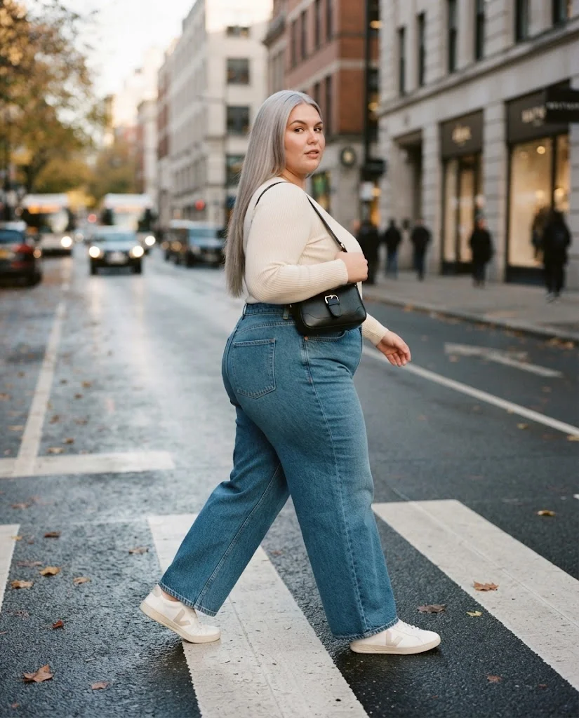 Wide-Leg Jeans + Fitted Long-Sleeve Top + Sneakers Plus Size Comfy Fall Outfit