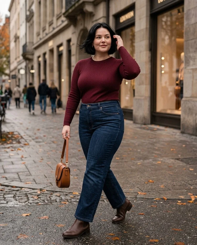Wide-Leg Jeans and Fitted Knit with Ankle Boots Plus Size Late Fall Outfit