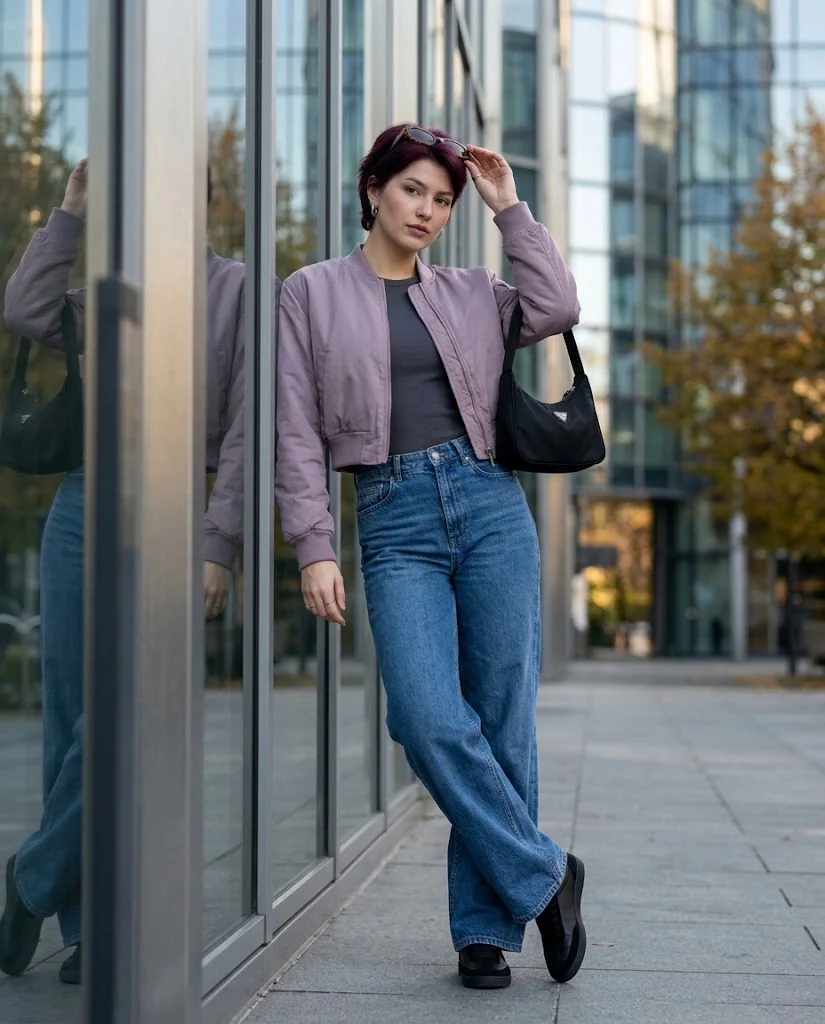 20 Wide Leg Jeans Outfits for Fall That Look Effortlessly Chic 11 Wide Leg Jeans with a Cropped Bomber Jacket Wide Leg Jeans Fall Outfit