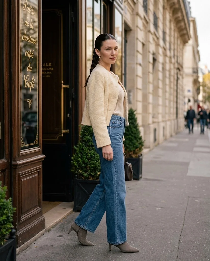 20 Wide Leg Jeans Outfits for Fall That Look Effortlessly Chic 3 Wide Leg Jeans with a Cropped Bouclé Jacket Wide Leg Jeans Fall Outfit