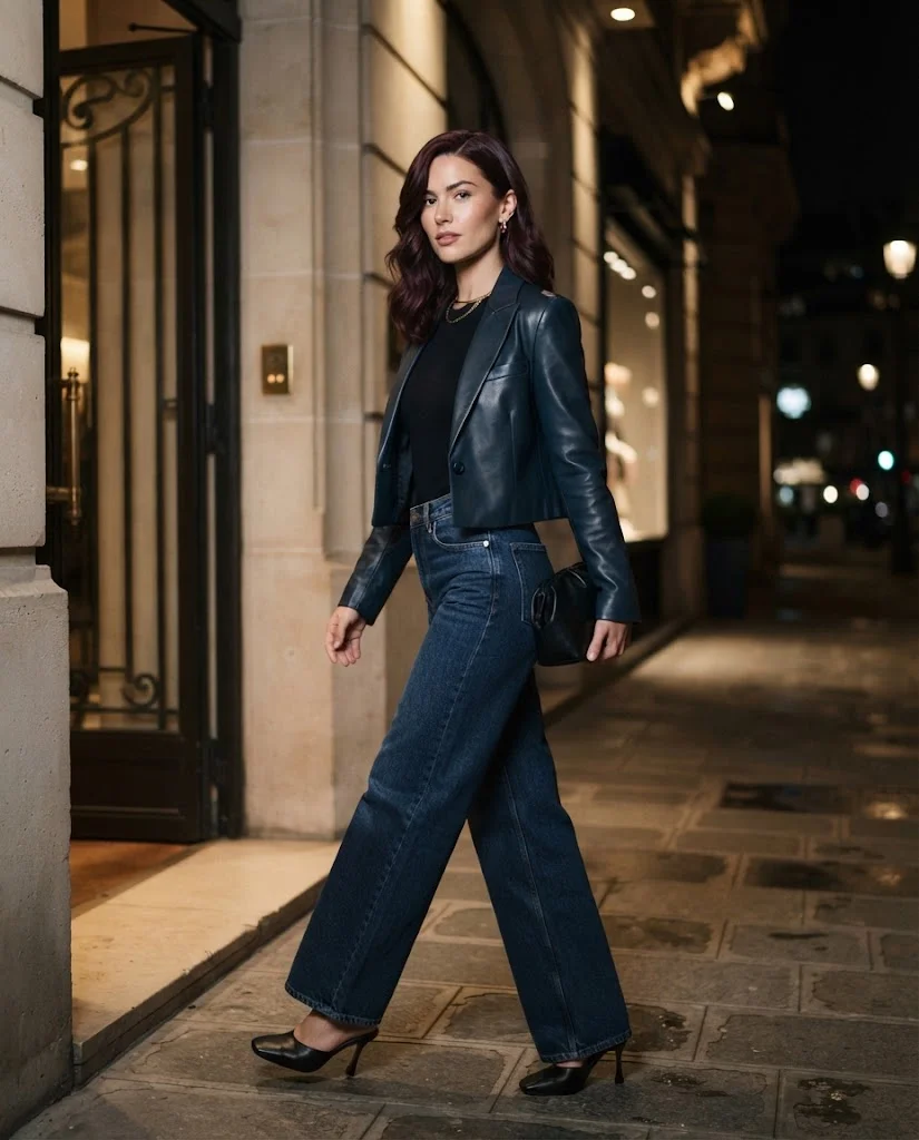 20 Wide Leg Jeans Outfits for Fall That Look Effortlessly Chic 20 Wide Leg Jeans with a Cropped Leather Blazer Wide Leg Jeans Fall Outfit