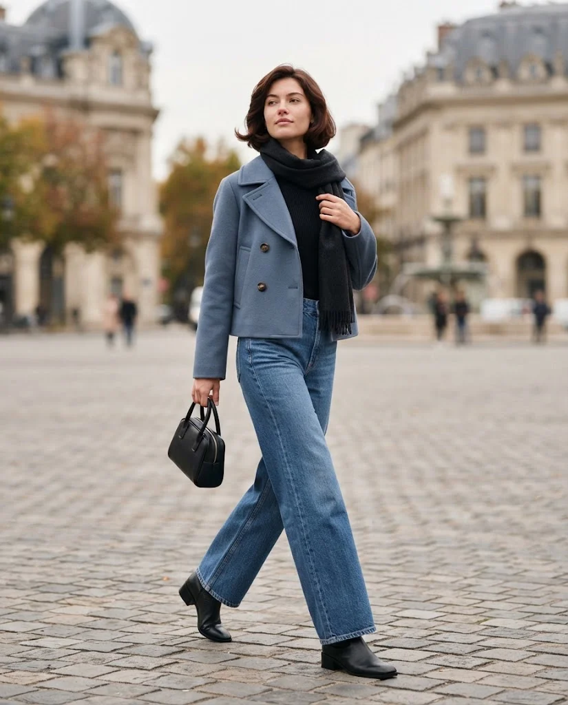 20 Wide Leg Jeans Outfits for Fall That Look Effortlessly Chic 16 Wide Leg Jeans with a Cropped Peacoat Wide Leg Jeans Fall Outfit