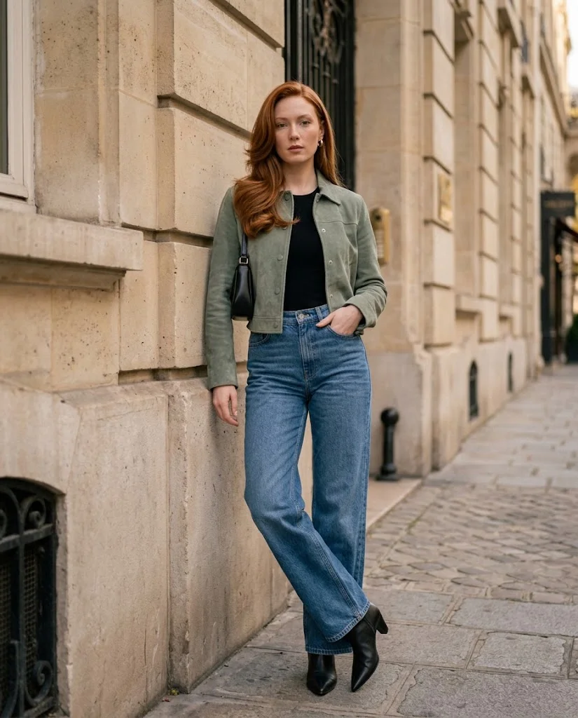 20 Wide Leg Jeans Outfits for Fall That Look Effortlessly Chic 5 Wide Leg Jeans with a Cropped Suede Jacket Wide Leg Jeans Fall Outfit