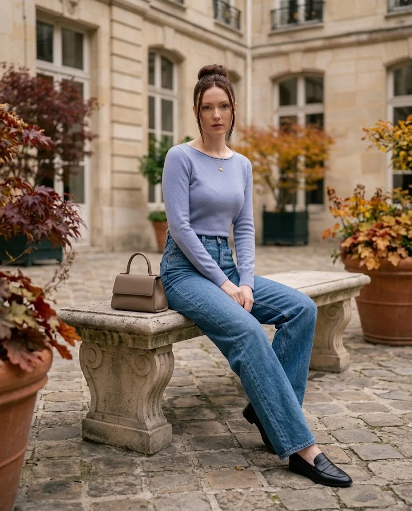 20 Wide Leg Jeans Outfits for Fall That Look Effortlessly Chic 6 Wide Leg Jeans with a Fitted Ballet-Neck Sweater Wide Leg Jeans Fall Outfit