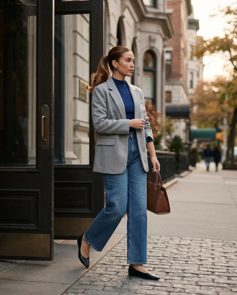 20 Wide Leg Jeans Outfits for Fall That Look Effortlessly Chic 15 Wide Leg Jeans with a Fitted Mock-Neck and Blazer Wide Leg Jeans Fall Outfit