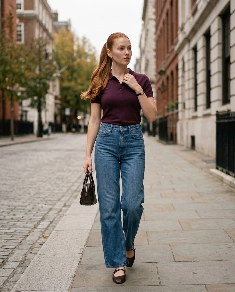 20 Wide Leg Jeans Outfits for Fall That Look Effortlessly Chic 2 Wide Leg Jeans with a Fitted Plum Polo Top Wide Leg Jeans Fall Outfit