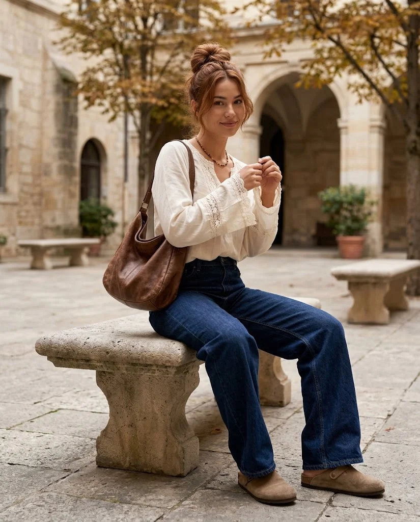 21 Boho Chic Fall Outfits: Effortless Bohemian Style Ideas 9 Wide-Leg Jeans with a Lace-Trim Blouse Boho Chic Fall Outfit