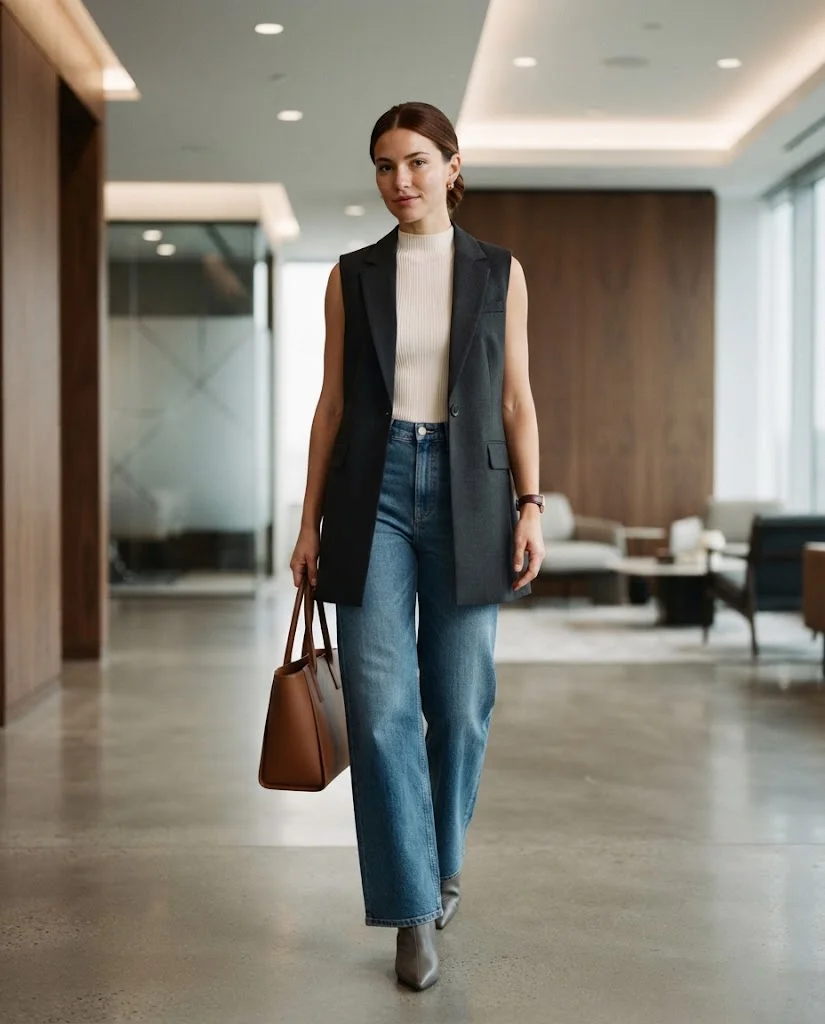 20 Wide Leg Jeans Outfits for Fall That Look Effortlessly Chic 13 Wide Leg Jeans with a Longline Vest Wide Leg Jeans Fall Outfit