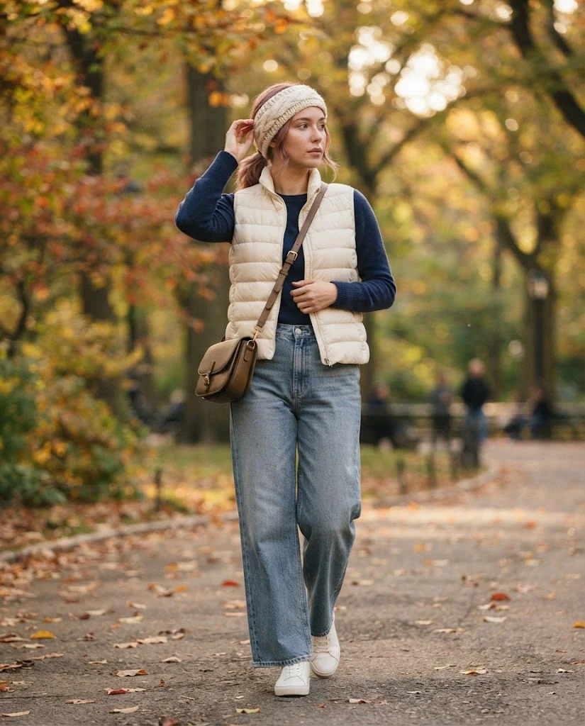 20 Wide Leg Jeans Outfits for Fall That Look Effortlessly Chic 18 Wide Leg Jeans with a Quilted Vest Wide Leg Jeans Fall Outfit
