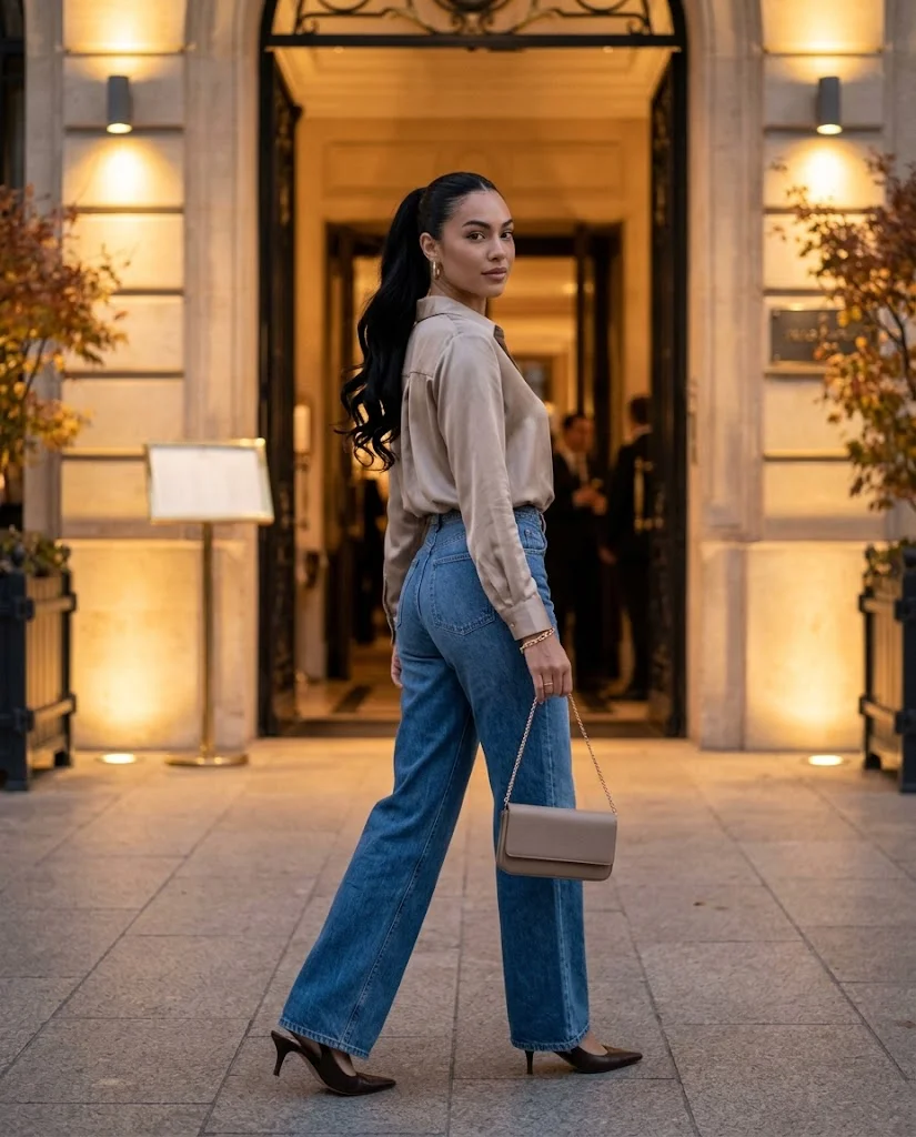 20 Wide Leg Jeans Outfits for Fall That Look Effortlessly Chic 8 Wide Leg Jeans with a Satin Blouse Wide Leg Jeans Fall Outfit
