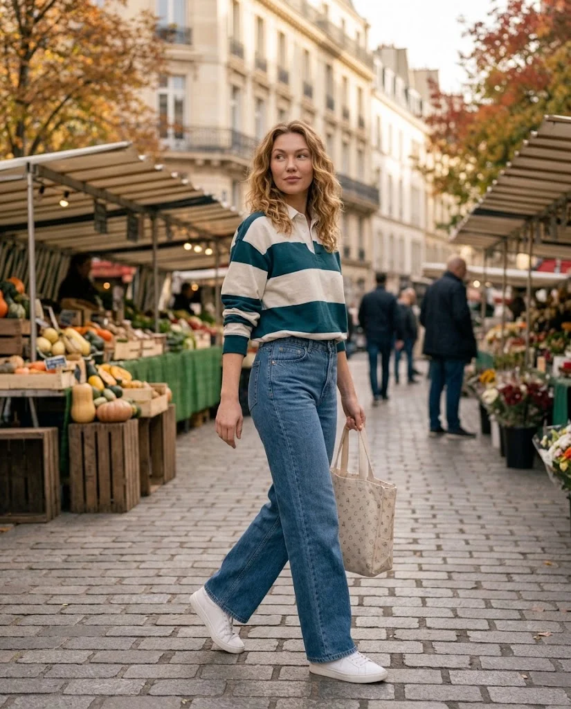 20 Wide Leg Jeans Outfits for Fall That Look Effortlessly Chic 4 Wide Leg Jeans with a Striped Rugby Shirt Wide Leg Jeans Fall Outfit