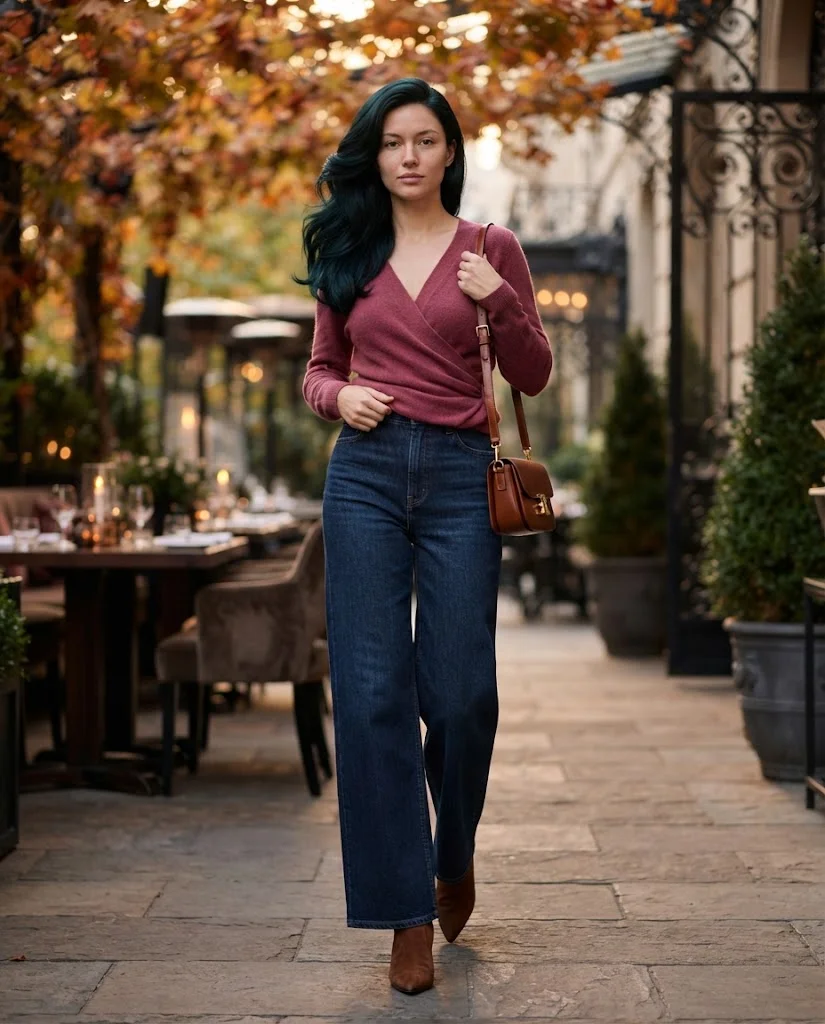 20 Wide Leg Jeans Outfits for Fall That Look Effortlessly Chic 19 Wide Leg Jeans with a Wrap Top Wide Leg Jeans Fall Outfit