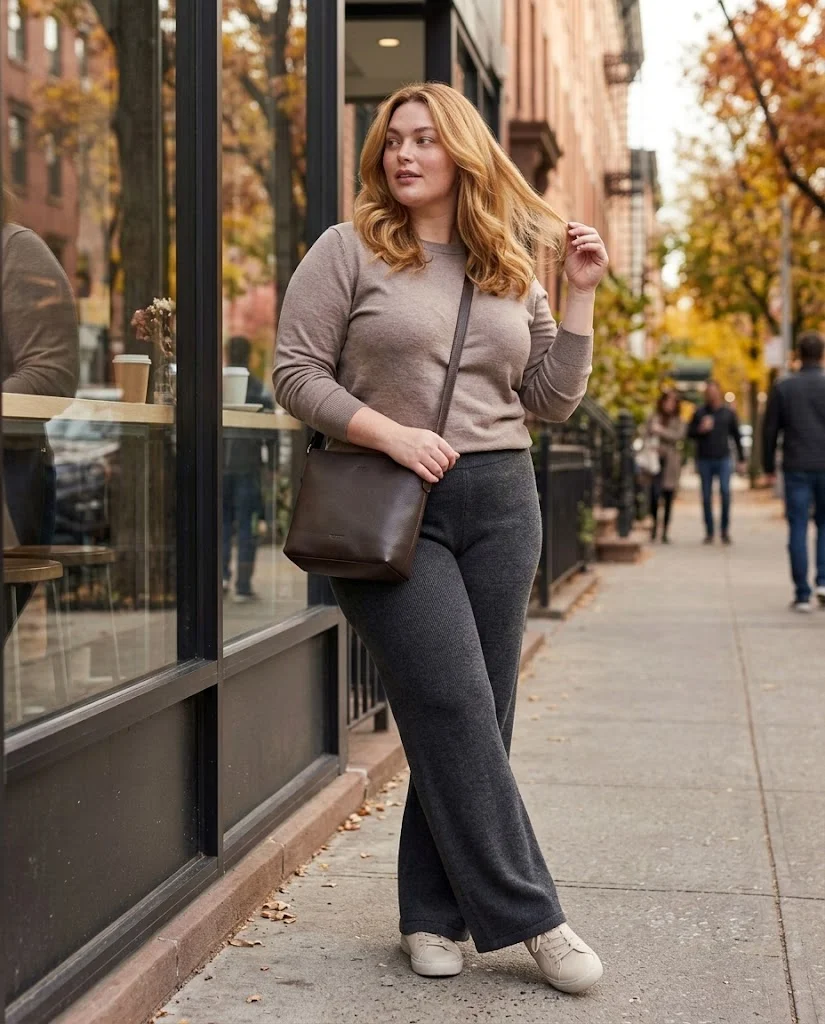 Wide-Leg Knit Pants + Lightweight Sweater Plus Size Comfy Fall Outfit