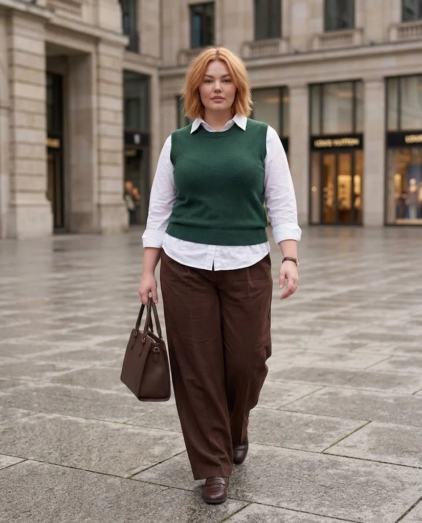 Wide-Leg Trousers and Sweater Vest with Button-Down Plus Size Late Fall Outfit
