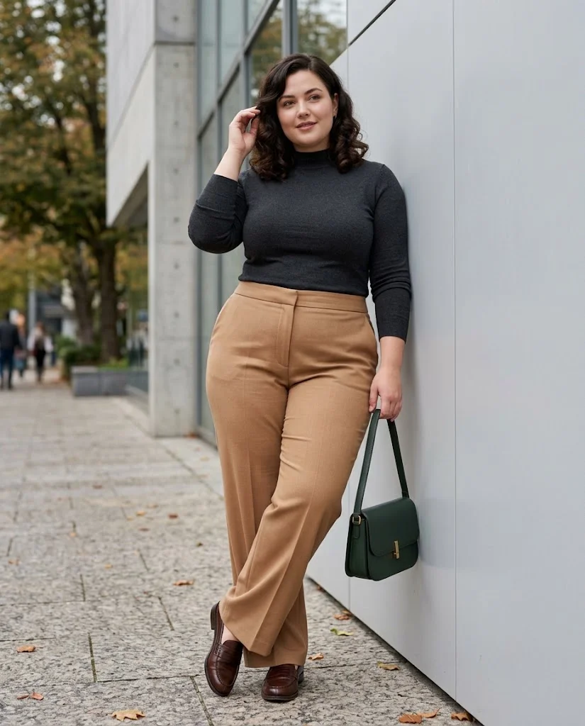 Wide-Leg Trousers with a Fitted Mock-Neck Top Plus Size October Outfit