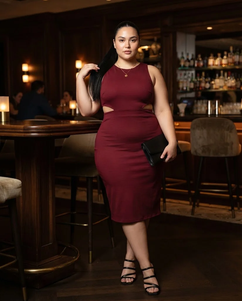 Plus Size Fall Bar Outfits: 20 Chic Looks for Nights Out 5 Wine Red Cutout Midi Dress With Strappy Block Heels Plus Size Fall Bar Outfit