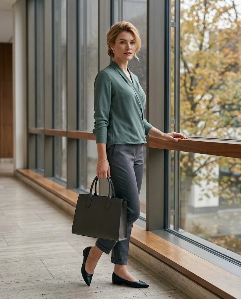 22 Fall Professional Outfits for Women: Chic Office Looks for Every Workday 13 Wrap Blouse with Ankle-Length Trousers Fall Professional Outfit