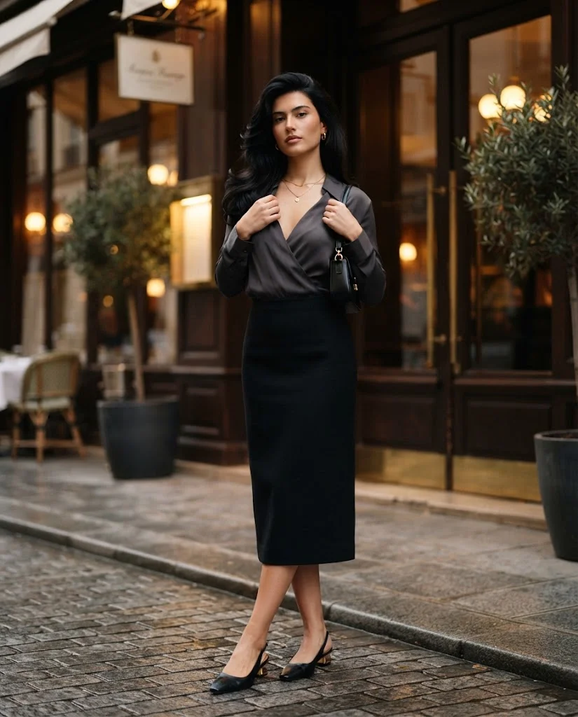 Wrap Top with Straight Midi Skirt October Outfit