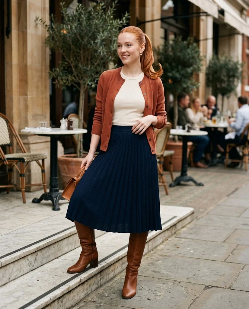 20 Late Fall Outfit Ideas for Women 11 Terracotta Cardigan with Navy Pleated Skirt Late Fall Outfit