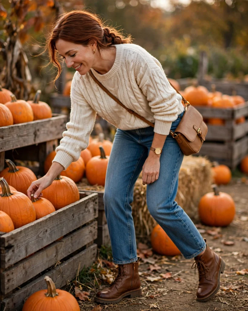 Cream Sweater with Straight-Leg Jeans Mom Pumpkin Patch Outfit