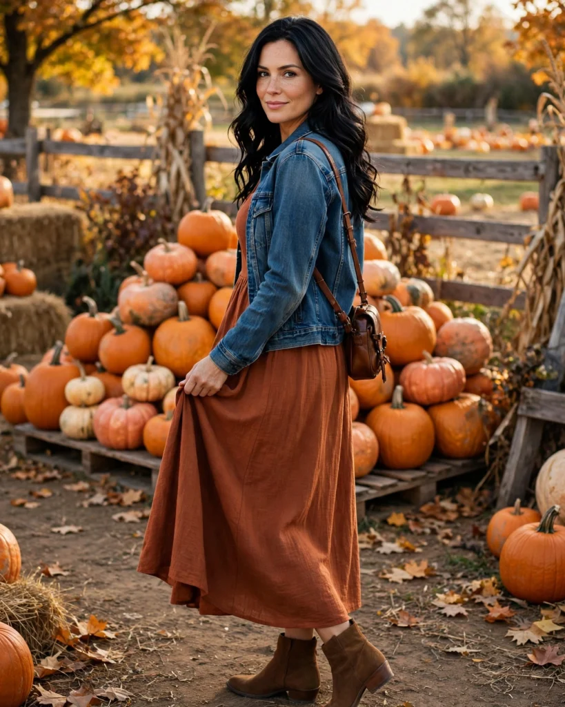 Rust Midi Dress with a Denim Jacket Mom Pumpkin Patch Outfit