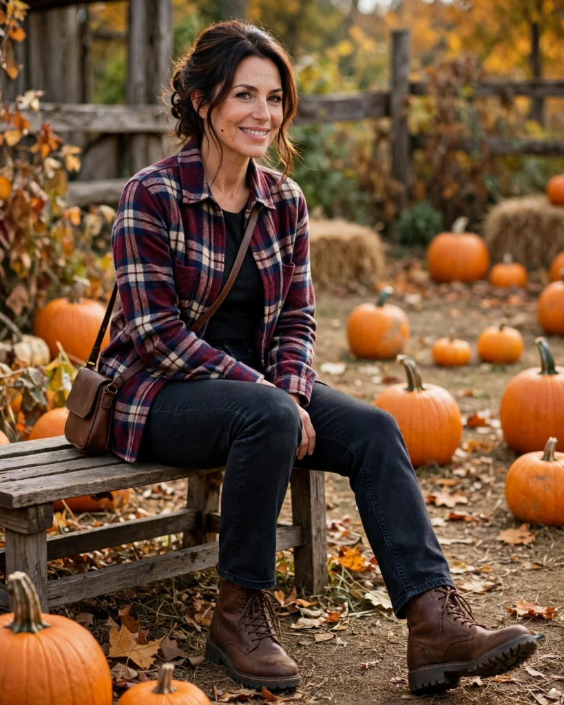 Plaid Shacket with Dark Denim Mom Pumpkin Patch Outfit