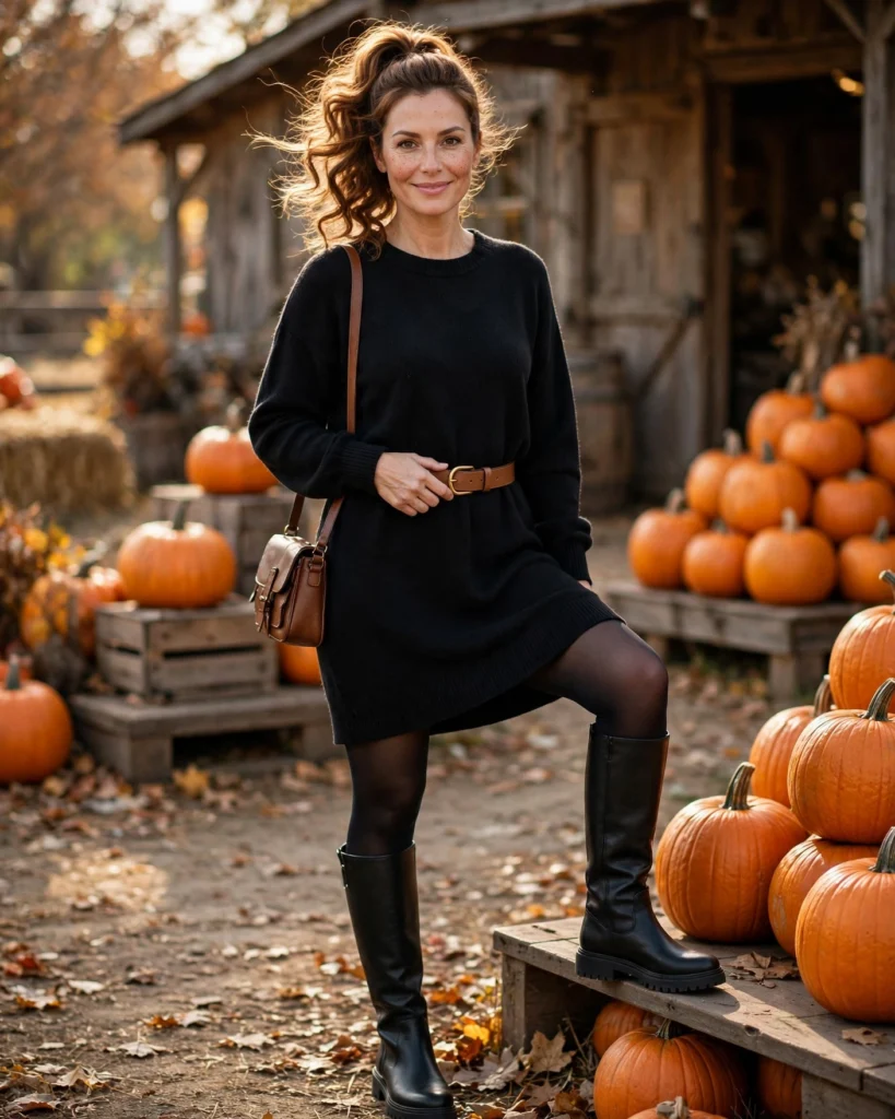 Black Sweater Dress with Tall Boots Mom Pumpkin Patch Outfit