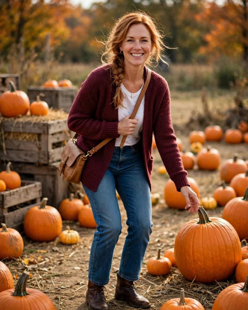 Burgundy Cardigan with a White Tee and Jeans Mom Pumpkin Patch Outfit