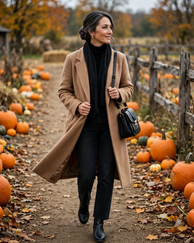 Camel Coat with a Black Turtleneck Mom Pumpkin Patch Outfit