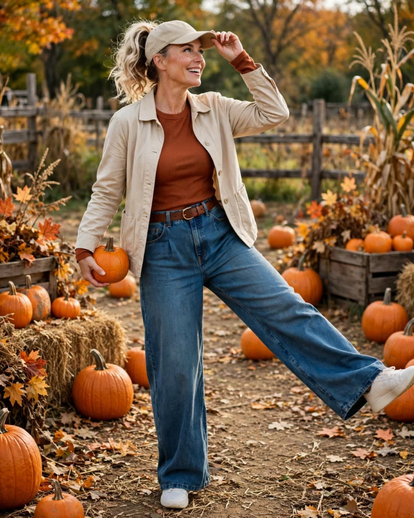 Wide-Leg Jeans with a Fitted Long-Sleeve Top Mom Pumpkin Patch Outfit