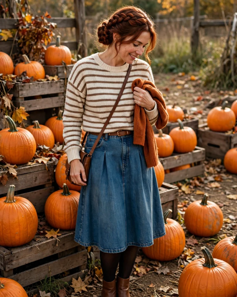 Striped Sweater with an A-Line Denim Skirt Mom Pumpkin Patch Outfit